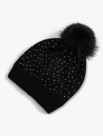 Triko Bere Peluş Ponponlu Boncuk İşlemeli