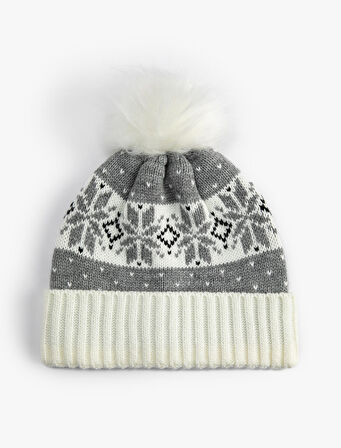 Peluş Ponponlu Triko Bere Desenli