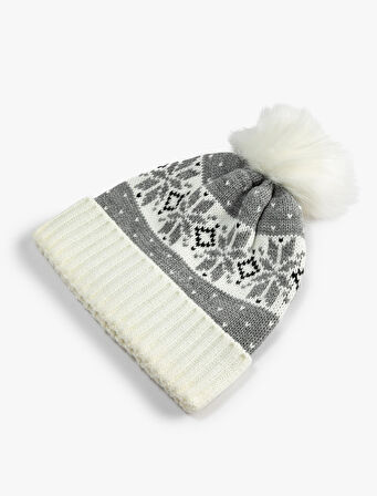 Peluş Ponponlu Triko Bere Desenli