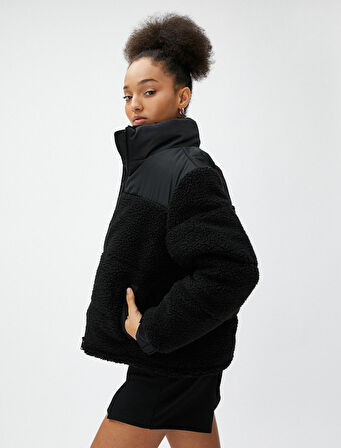 Peluş Mont Dik Yaka Cep Detaylı Fermuarlı