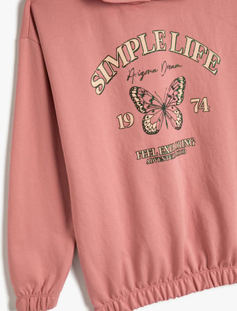 Kapşonlu Sweatshirt Kelebek Baskılı Beli Lastikli Pamuk Karışımlı
