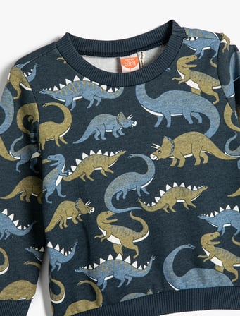 dinozorlu sweatshirt bisiklet yaka uzun kollu şardonlu