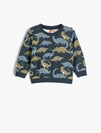 Dinozorlu Sweatshirt Bisiklet Yaka Uzun Kollu Şardonlu 