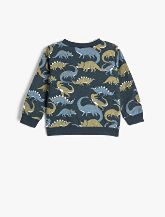 Dinozorlu Sweatshirt Bisiklet Yaka Uzun Kollu Şardonlu 