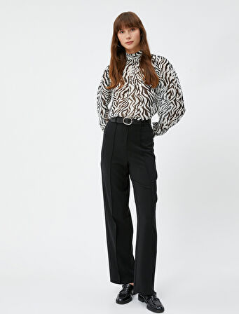 Şifon Bluz Hakim Yaka Balon Kollu Zebra Desenli