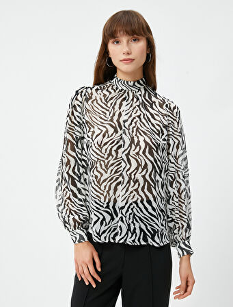 Şifon Bluz Hakim Yaka Balon Kollu Zebra Desenli