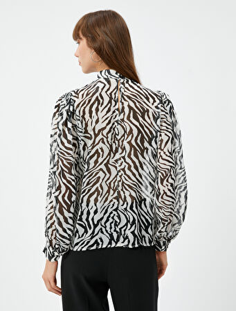 Şifon Bluz Hakim Yaka Balon Kollu Zebra Desenli