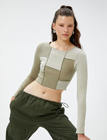 Uzun Kollu Tişört Crop Bisiklet Yaka Renk Bloklu Fitilli