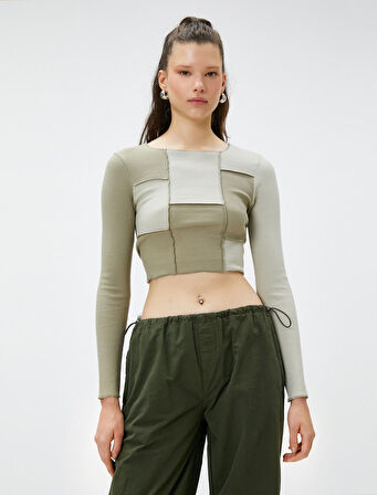 Uzun Kollu Tişört Crop Bisiklet Yaka Renk Bloklu Fitilli