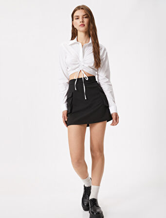 Crop Gömlek Önü Büzgülü Uzun Kollu Pamuklu