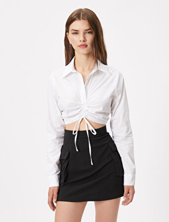 Crop Gömlek Önü Büzgülü Uzun Kollu Pamuklu