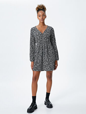 Çiçekli Mini Elbise Uzun Kollu V Yaka