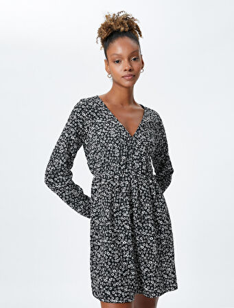 Çiçekli Mini Elbise Uzun Kollu V Yaka