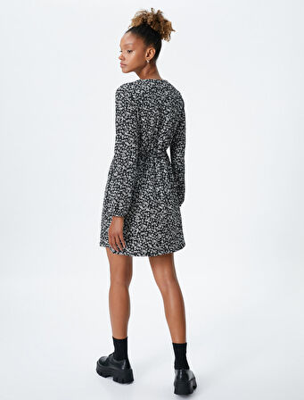 Çiçekli Mini Elbise Uzun Kollu V Yaka