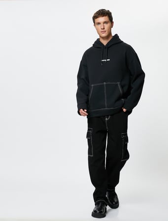 Oversize Hoodie Kanguru Cepli Slogan Baskılı Dikiş İşlemeli Şardonlu