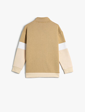 Sweatshirt Dik Yaka Yarım Fermuarlı Uzun Kollu Renk Bloklu Şardonlu