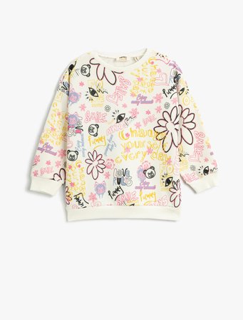 Sweatshirt Baskılı Bisiklet Yaka Uzun Kollu Şardonlu