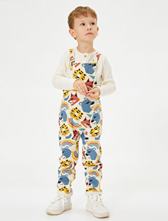 Askılı Tulum Hayvanlar Baskılı Şardonlu Pamuklu