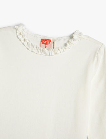 Fırfırlı Tişört Bisiklet Yaka Uzun Kollu Pamuklu