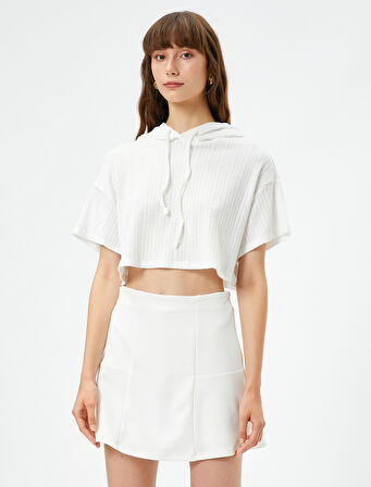 Crop Kapüşonlu Sweatshirt Örgü Motifli Kısa Kollu