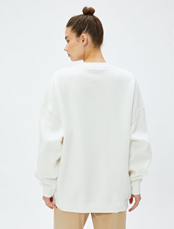 Bisiklet Yaka Sweatshirt Kolej Nakışlı Uzun Kollu