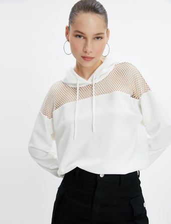 File Detaylı Kapşonlu Sweatshirt Uzun Kollu