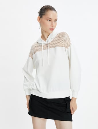 File Detaylı Kapşonlu Sweatshirt Uzun Kollu