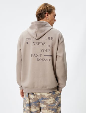 Kapşonlu Hoodie Slogan Baskılı Kanguru Cep Detaylı Şardonlu