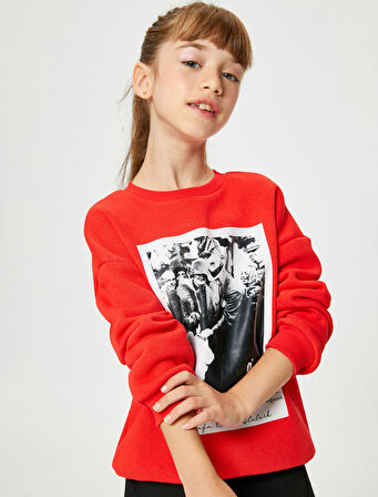 Atatürk Baskılı Sweatshirt Uzun Kollu Bisiklet Yaka Şardonlu 