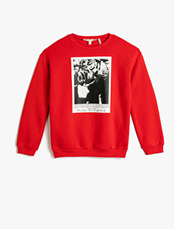 Atatürk Baskılı Sweatshirt Uzun Kollu Bisiklet Yaka Şardonlu 