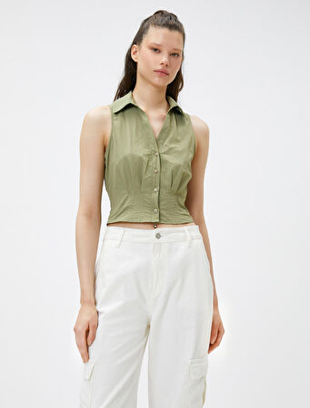 Crop Gömlek Kolsuz Korse Detaylı Manşet Yaka