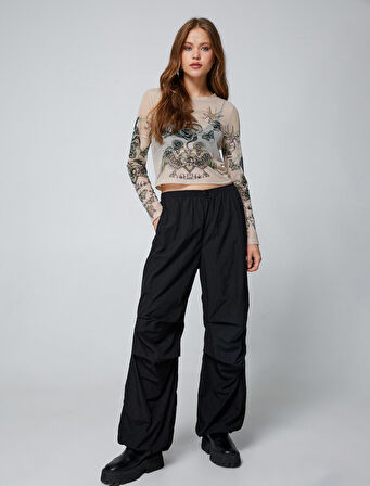 Uzun Kollu Tişört Transparan Baskılı Bisiklet Yaka