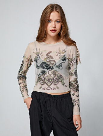 Uzun Kollu Tişört Transparan Baskılı Bisiklet Yaka