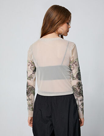 Uzun Kollu Tişört Transparan Baskılı Bisiklet Yaka