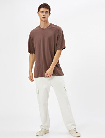 Basic Tişört Bisiklet Yaka Kısa Kollu Düşük Omuzlu Pamuklu