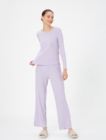 Uzun Kollu Pijama Üstü Bisiklet Yaka Dokulu Modal