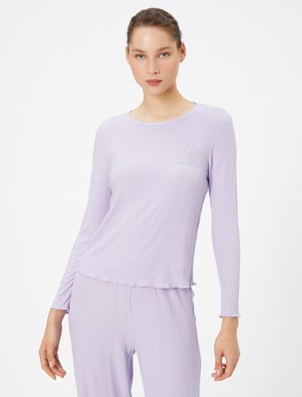 Uzun Kollu Pijama Üstü Bisiklet Yaka Dokulu Modal