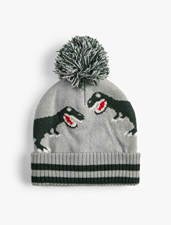 Triko Bere Dinozor Desenli Ponpon Detaylı