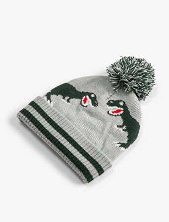 Triko Bere Dinozor Desenli Ponpon Detaylı