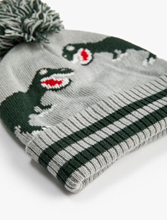 Triko Bere Dinozor Desenli Ponpon Detaylı