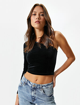 Kadife Tek Omuz Tişört Crop