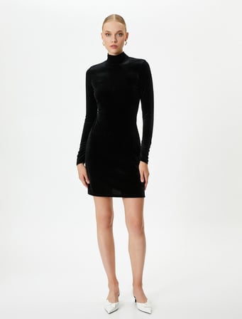 Kadife Elbise Mini Uzun Kollu Yarım Balıkçı Yaka Slim Fit