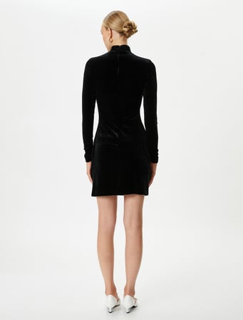 Kadife Elbise Mini Uzun Kollu Yarım Balıkçı Yaka Slim Fit