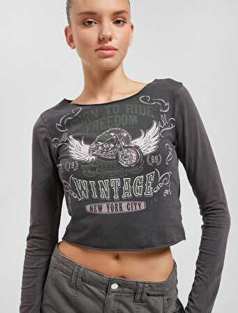 Uzun Kollu Tişört Yıkamalı Baskılı Bisiklet Yaka