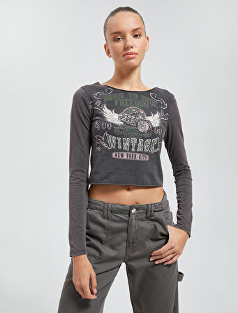 Uzun Kollu Tişört Yıkamalı Baskılı Bisiklet Yaka