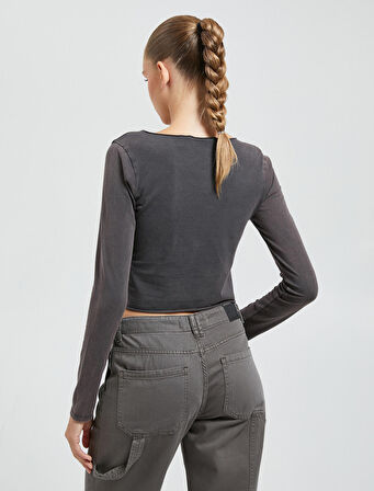 Uzun Kollu Tişört Yıkamalı Baskılı Bisiklet Yaka