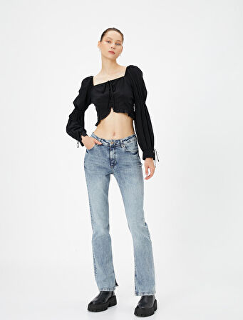 Balon Kol Crop Bluz Fırfırlı U Yaka Bağlamalı Uzun Kollu Viskon