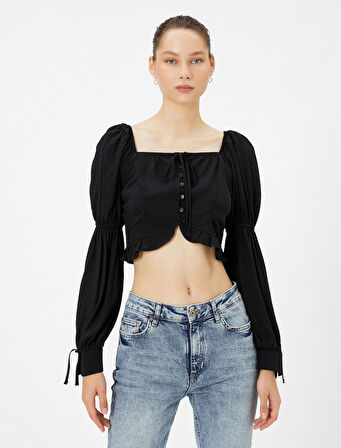 Balon Kol Crop Bluz Fırfırlı U Yaka Bağlamalı Uzun Kollu Viskon