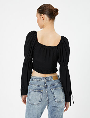 Balon Kol Crop Bluz Fırfırlı U Yaka Bağlamalı Uzun Kollu Viskon