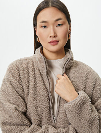 Polar Pijama Üstü Yarım Fermuarlı Dik Yaka Cepli